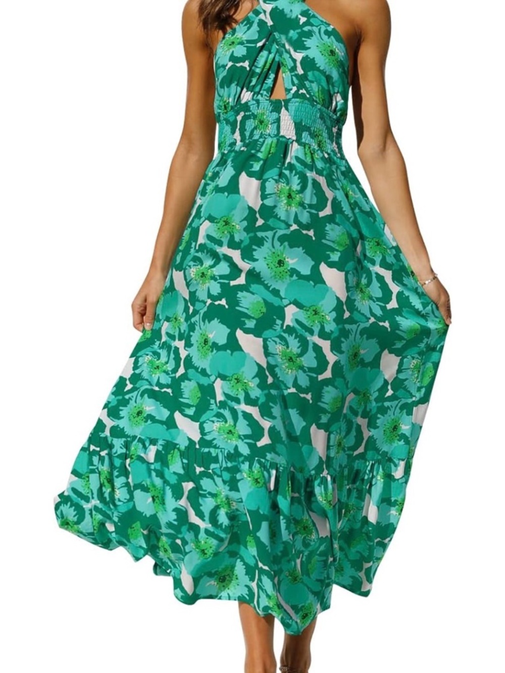 Green Floral Halter Maxi Dress